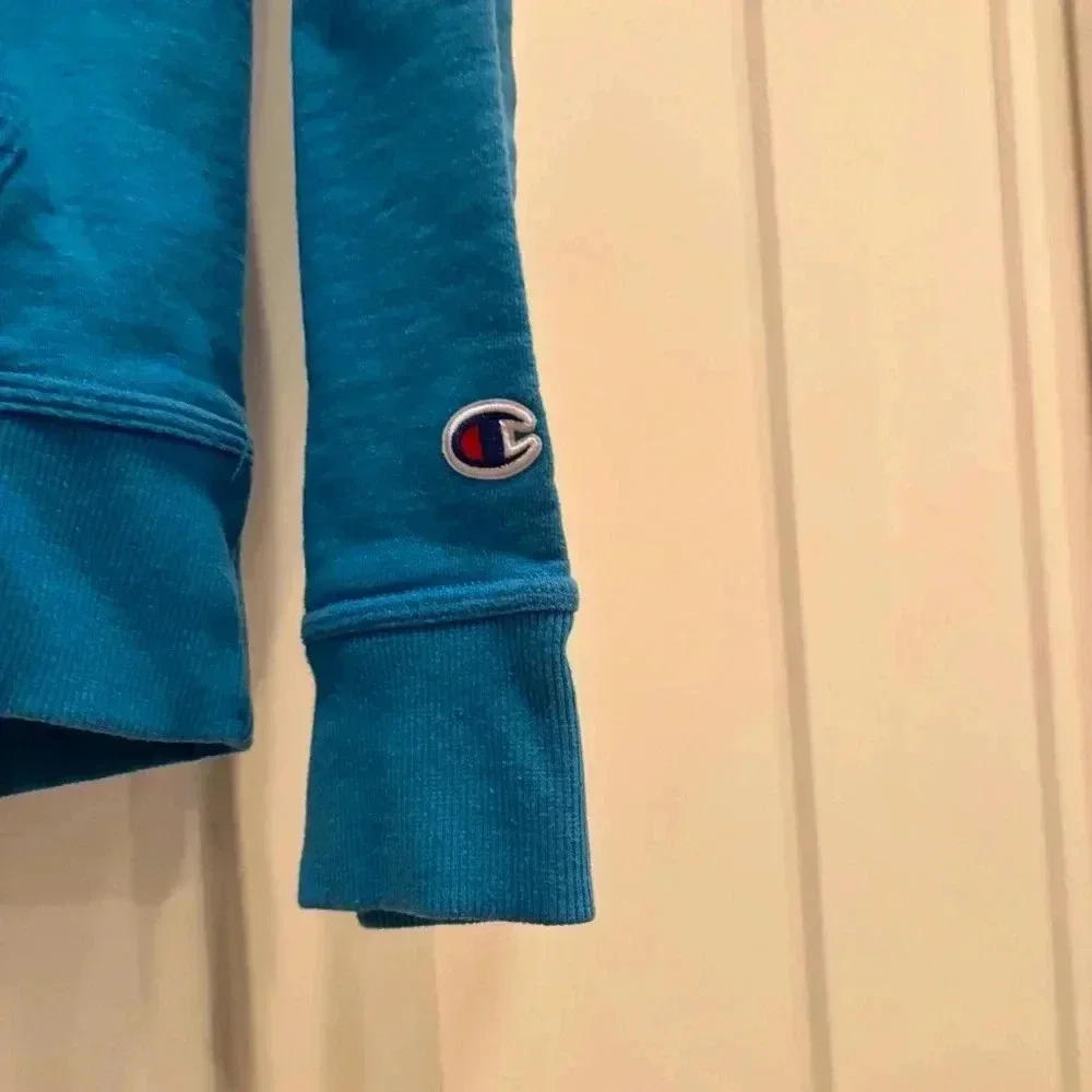 Champion Blue Hoodie with Green Logo Grey Lined Hood Size Medium